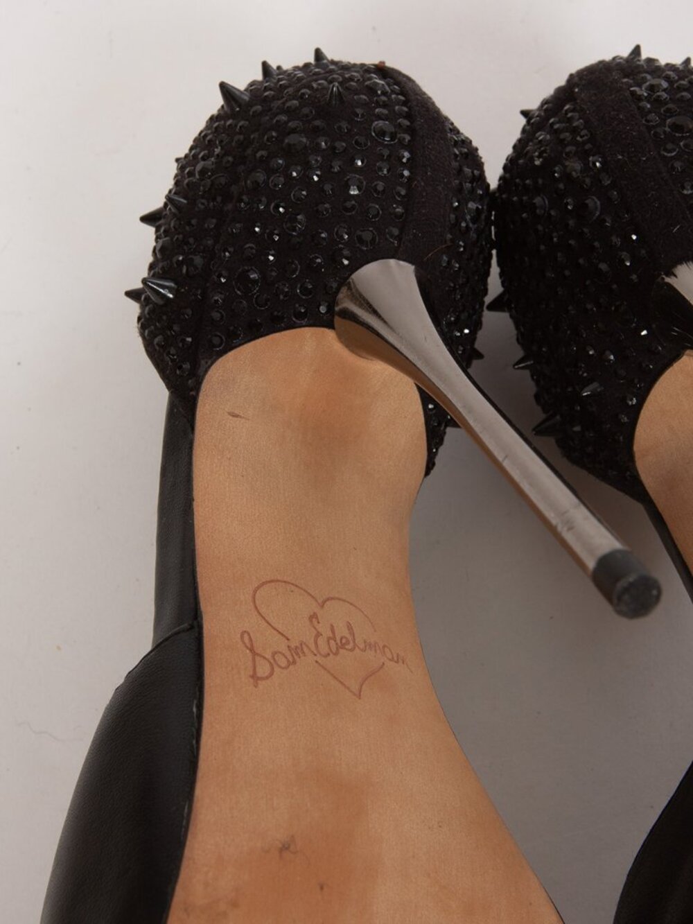 NWOB Sam Edelman Scarlett Black Leather Metal Stiletto Peep Toe Platform Pumps - Picture 7 of 7